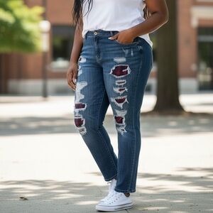 TORRID (20R) Premium Boyfriend Jeans Dark Wash Plaid Destruction Mid-Rise